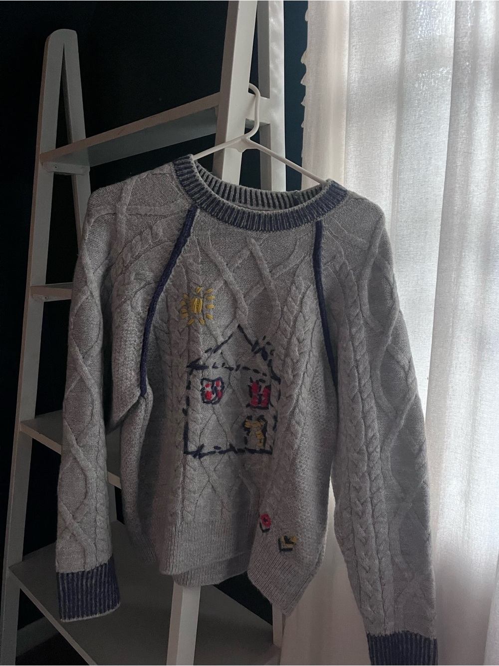 Anthropologie Gray Cable-Knit Sweater with Embroidered House Motif